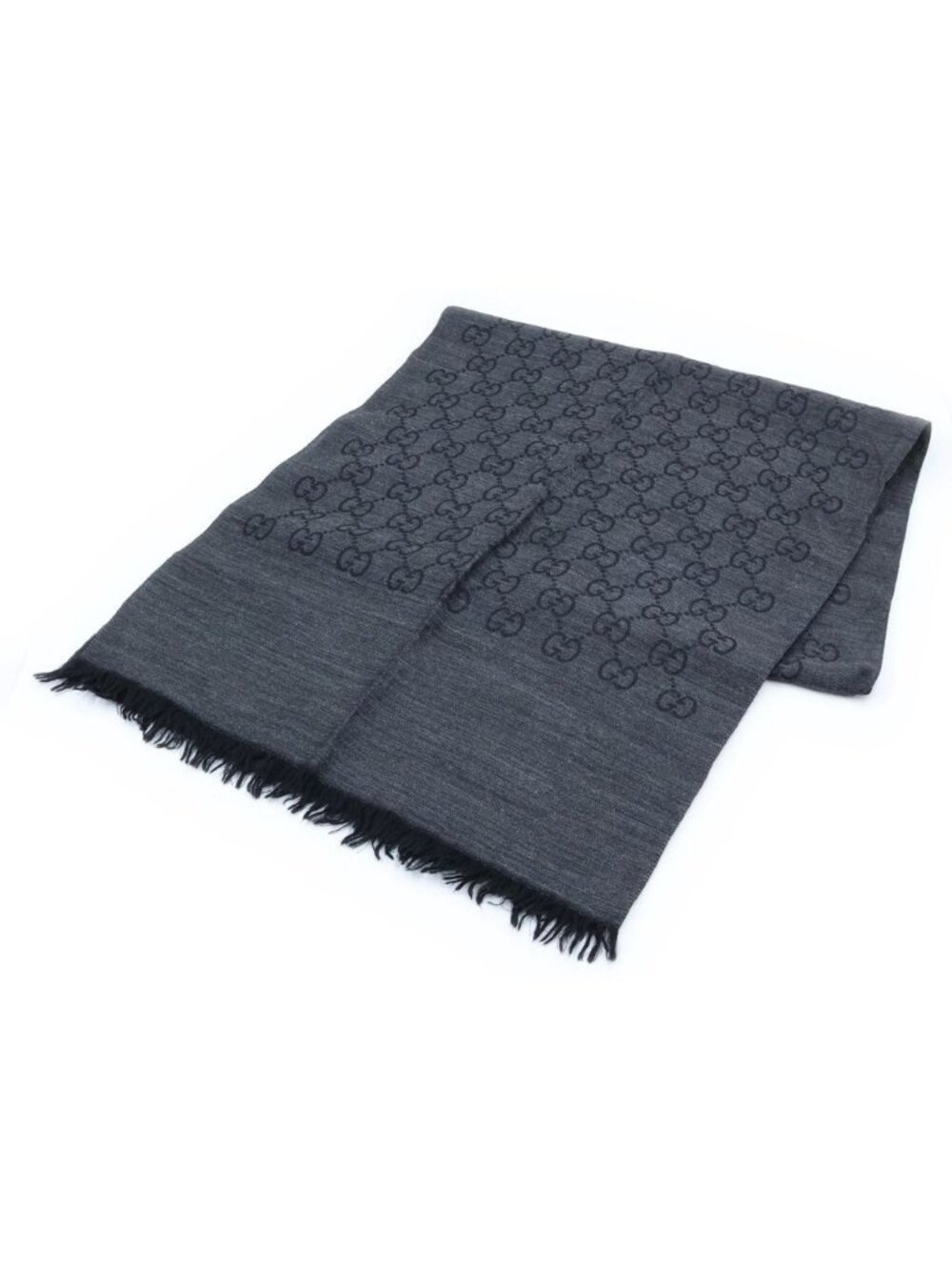 Gucci GG Jacquard Silk Blend Wool Scarf Fringe Gray